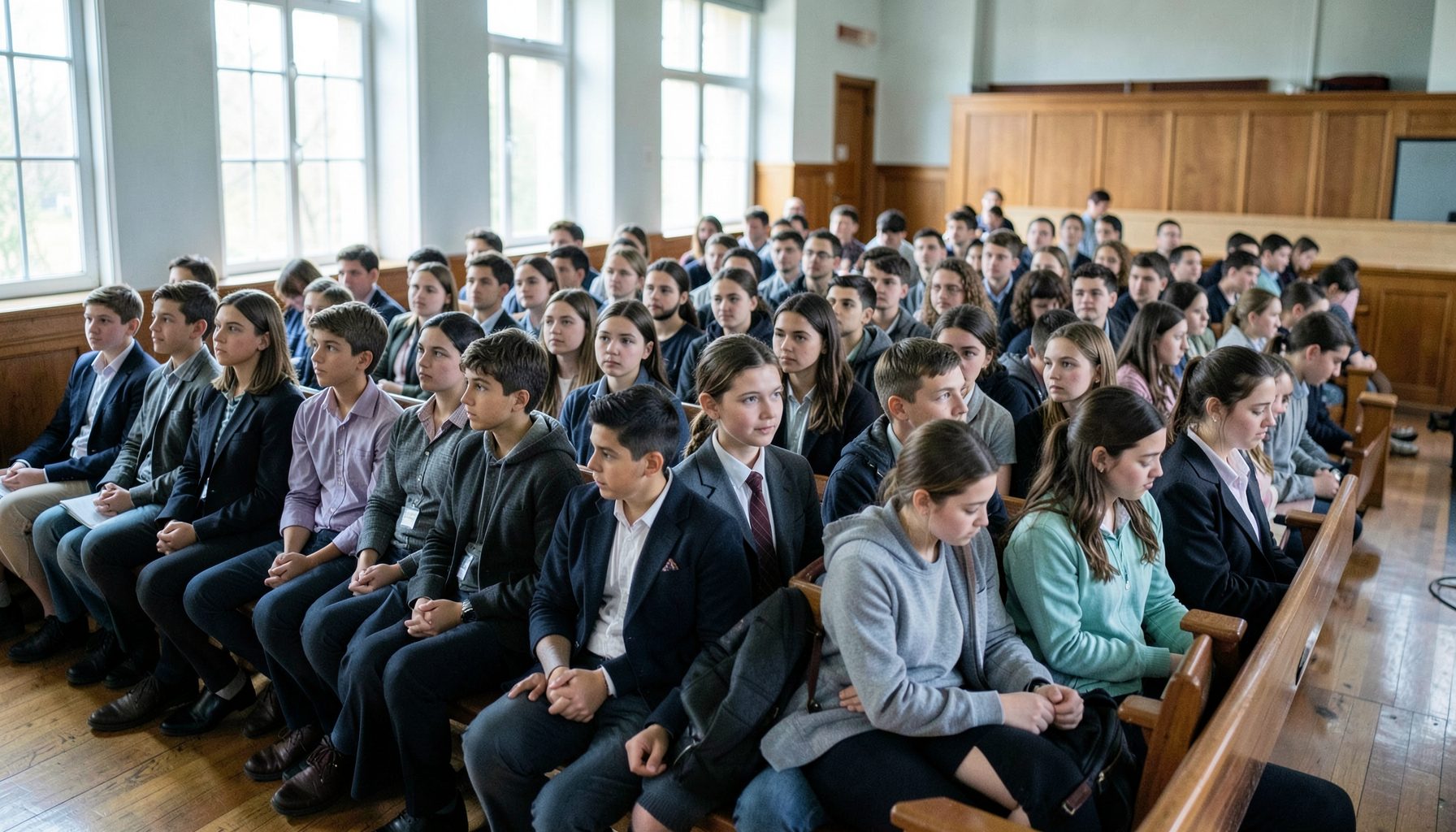 A school auditorium with rows of attentive students seated in uniform, soft daylight streaming through windows, in calm blues and warm wood tones