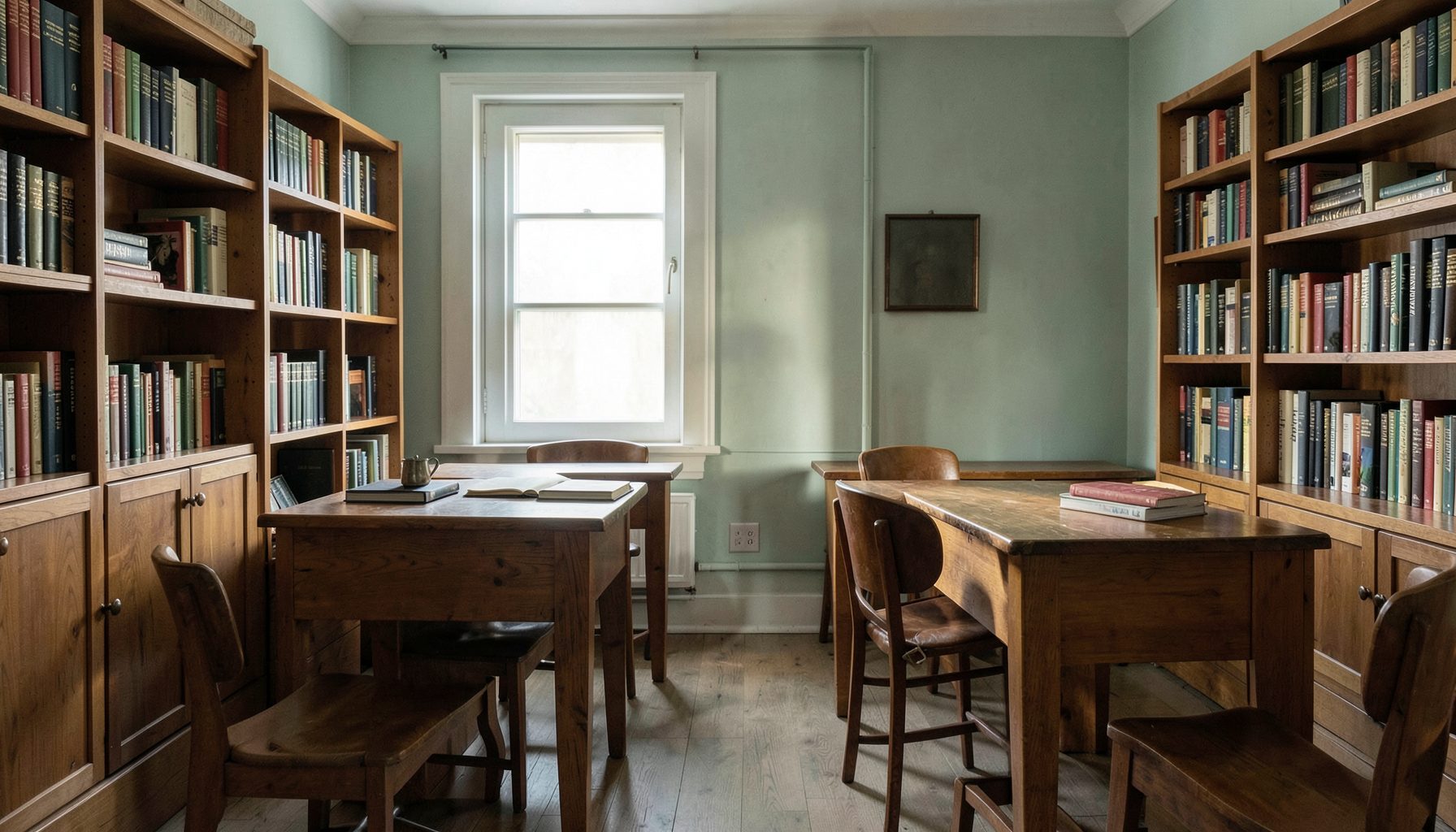 A quiet study room with wooden desks and shelves of books, lit by soft natural light, in muted greens and warm wood tones.