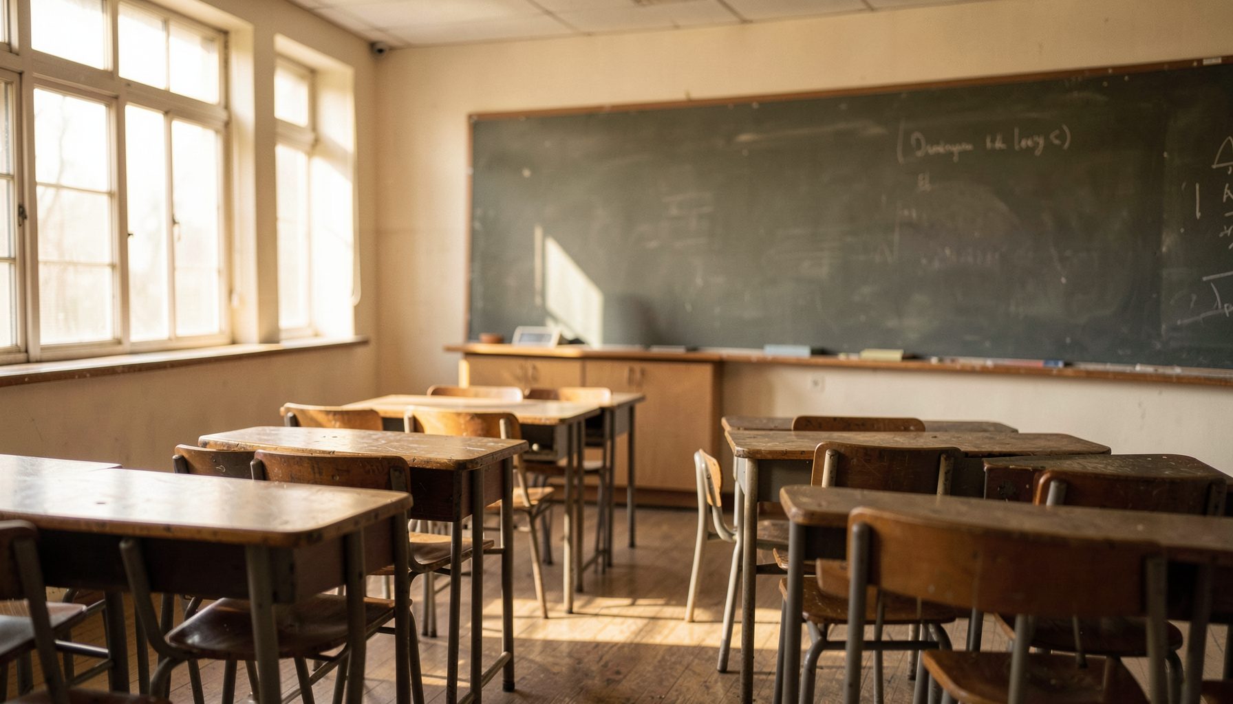 A warm, softly lit classroom interior with wooden desks and a chalkboard, evoking nostalgia and school-day memories in muted browns and creams