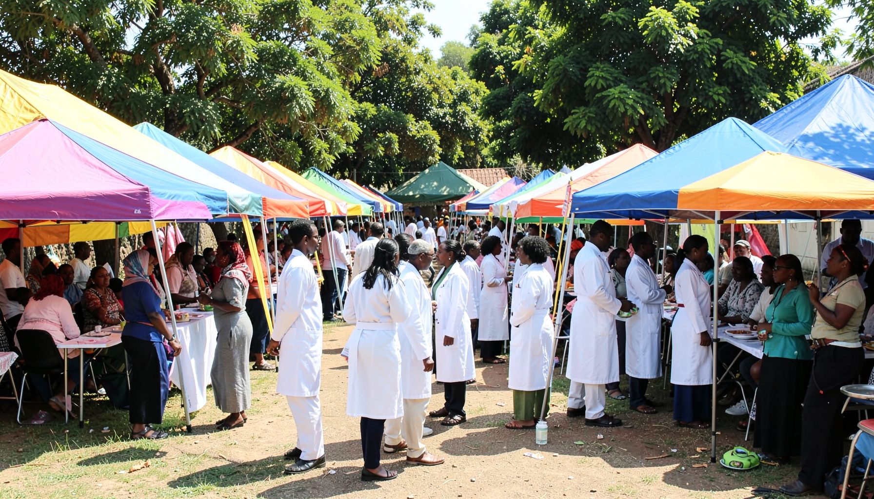 A community health camp scene with colorful tents and people in white coats, set against a backdrop of trees under bright daylight.