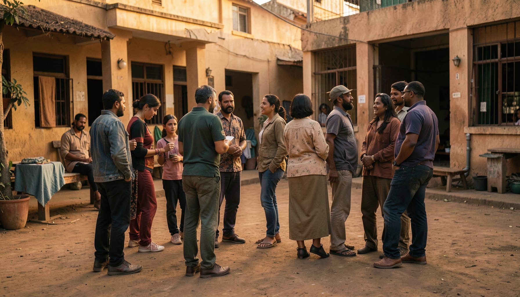 A softly lit group of people gathered in a school courtyard, warm earthy browns and muted greens, nostalgic community atmosphere