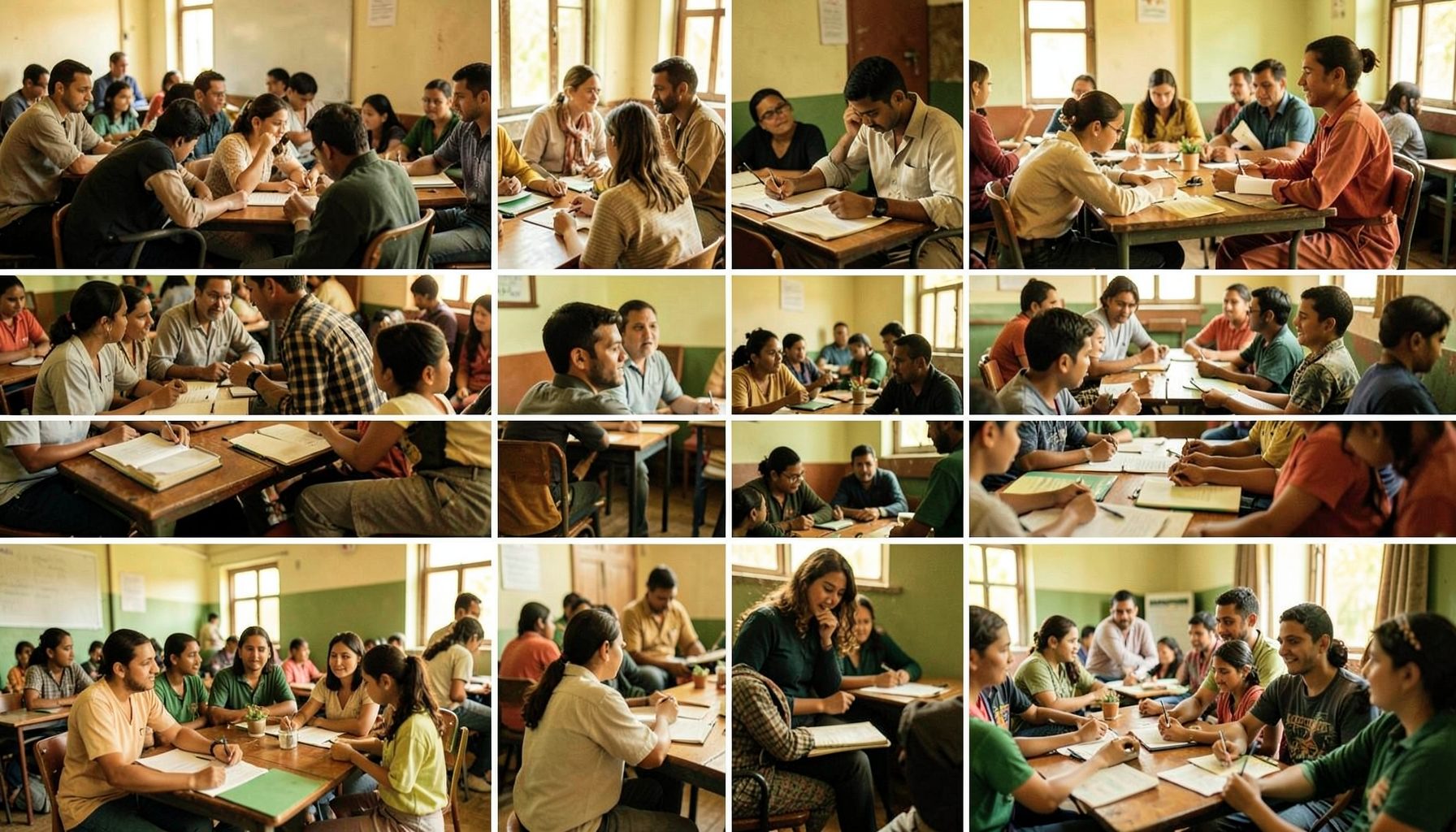 A collage of warm-toned photographs showing students engaged in classroom activities and community gatherings, with earthy greens and golden accents.