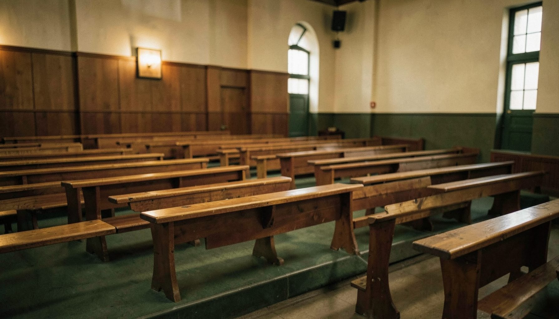 A warm, softly lit interior with wooden benches arranged in rows, muted browns and deep greens, evoking a quiet school assembly hall