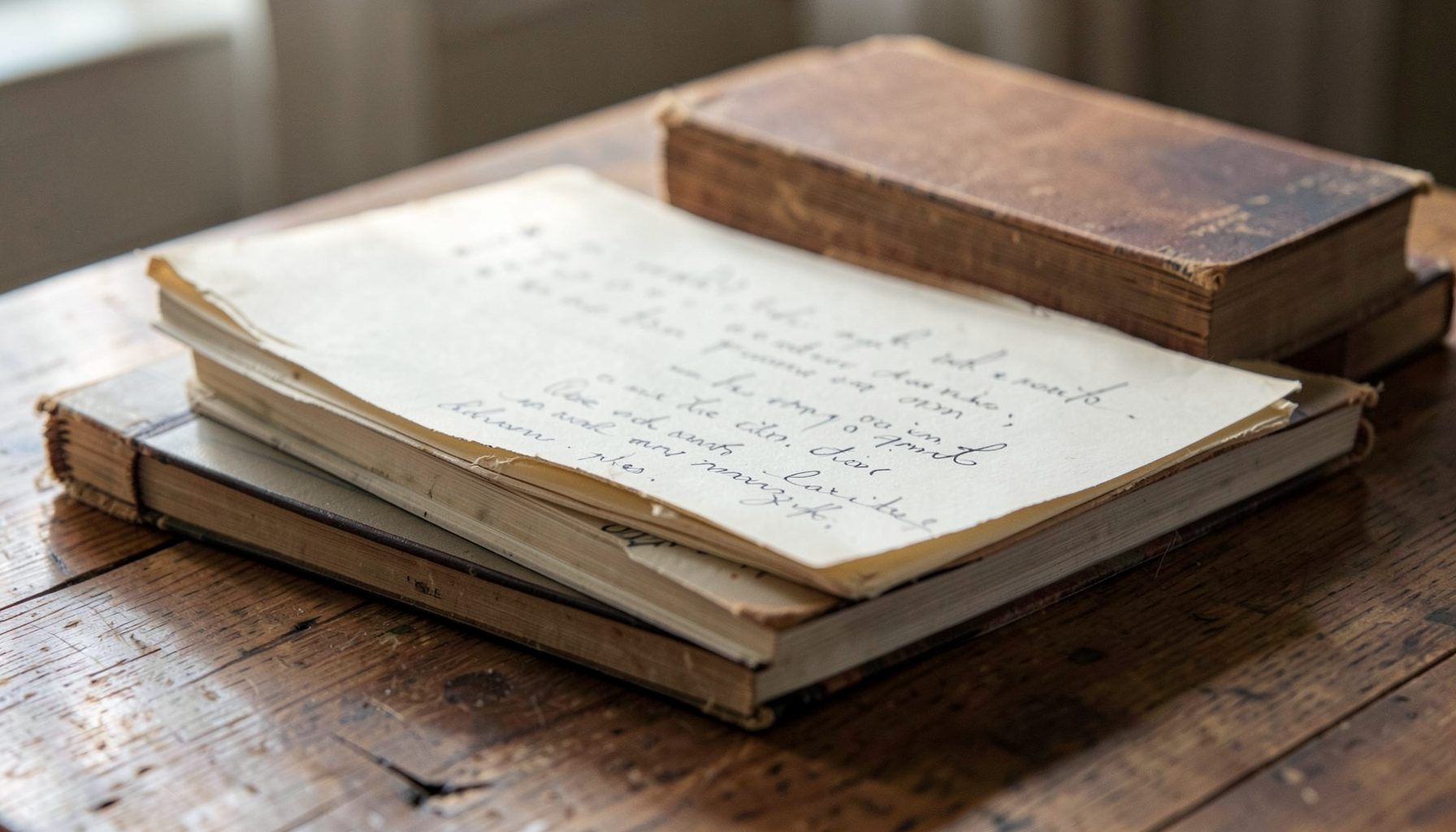 A stack of well-worn academic books and handwritten notebooks on a wooden table, bathed in gentle natural light, in earthy browns and off-whites