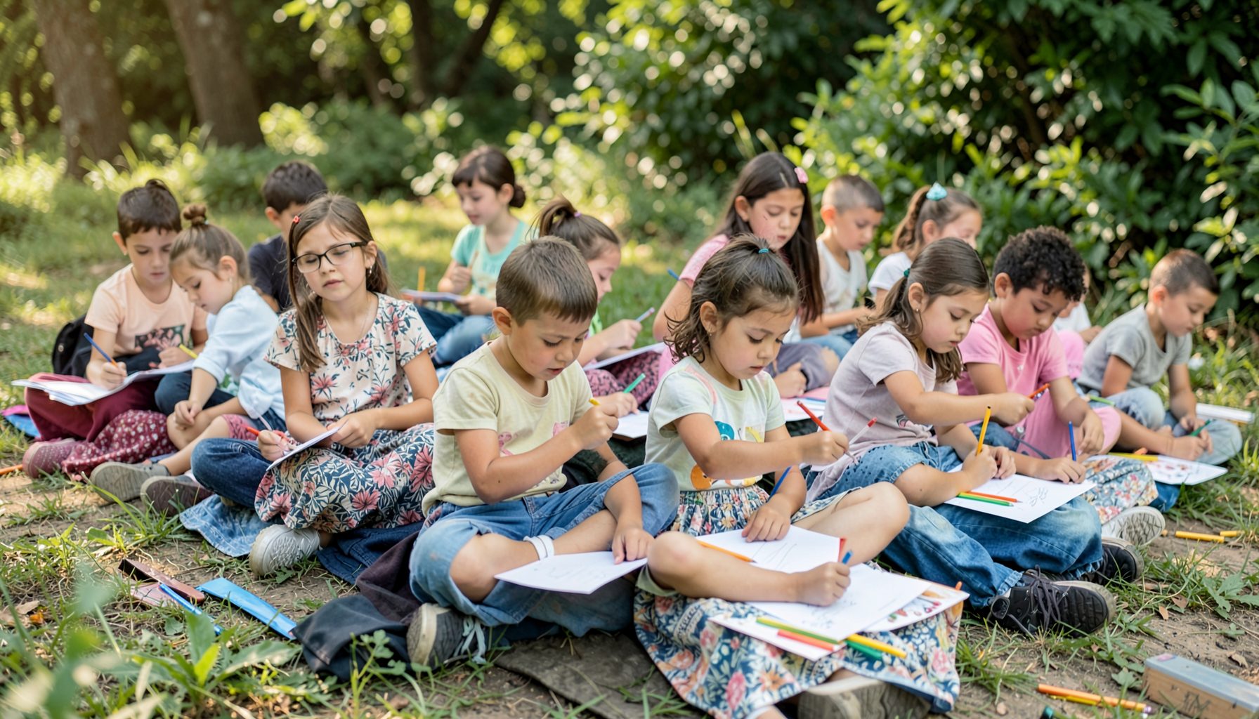 Children seated in rows outdoors, drawing on paper with colored pencils, surrounded by greenery and soft afternoon light.